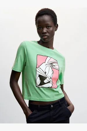 MANGO Women Sustainable Bugs Bunny Printed Drop-Shoulder Sleeves Pure Cotton Boxy T-shirt