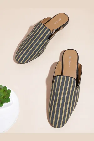 Mast & Harbour Women Navy Blue & Mustard Yellow Striped Mules