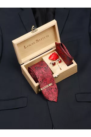 LOUIS STITCH Men Ferrari Red Italian Silk Necktie Accessory Gift Set