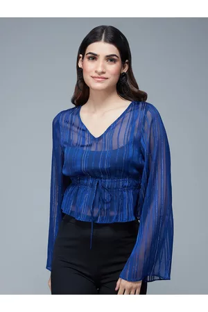 20Dresses Vertical Striped Flared Sleeves Waist Tie-Up Peplum Top
