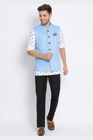 Hangup Men Blue Printed Linen Kurta & Trousers With Nehru Jacket