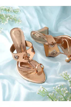 House of Pataudi Women Rose Gold Handcrafted Ethnic Block Heel Sandals with Laser Cuts