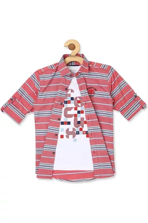 CAVIO Boys Spread Collar Horizontal Striped Cotton Shirt & T-Shirt