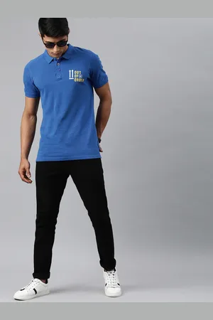 WROGN Men Blue Printed Polo Collar Pure Cotton T-shirt