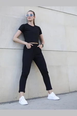 CHKOKKO Women Black Solid Cotton Track Pant