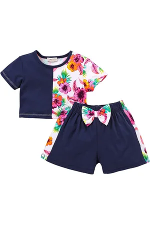 CrayonFlakes Girls Half Floral Printed Cotton T-shirt with Shorts Clothing Set