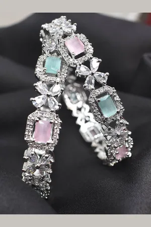 STEORRA JEWELS Set Of 2 Silver-Plated White & Pink AD-Studded Bangles