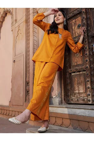 Sassafras Women Ruched Sleeves Top With Embroidered Trousers