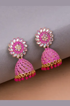 HOUSE OF ARLI Gold-Plated Stone-Studded & Beaded Dome Shaped Jhumkas Earrings