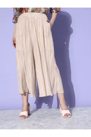 Kook N Keech Women Creamy Beige Flared Accordion Pleated Romance Rambled Culottes Trousers