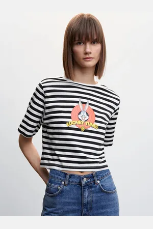 MANGO Women Bugs Bunny Striped Drop-Shoulder Sleeves Pure Cotton T-shirt