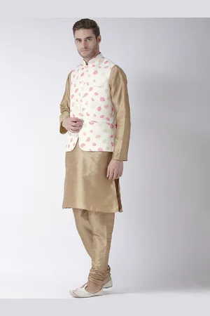 Hangup Men Raw Silk Kurta with Churidar & Nehru Jacket Set