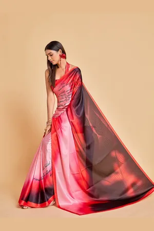 Sangria Peach-Coloured & Red Tie & Dye Satin Saree