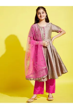 Cherry & Jerry Girls Pleated Sequinned Dupion Silk Kurta with Trousers & With Dupatta