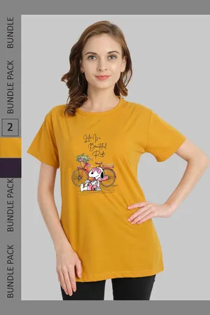 Chozi Women Mustard Pack of 2 Printed Cotton T-shirt