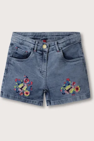 Blue Giraffe Girls Floral Embroidered Denim Shorts