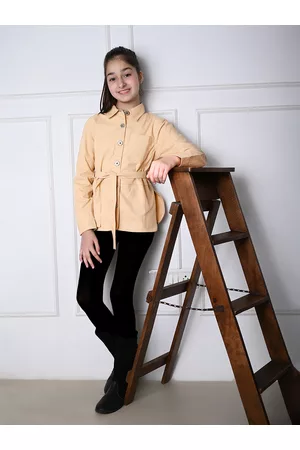 LilPicks Girls Beige Solid Acrylic Lightweight Longline Outdoor Tailored Jacket