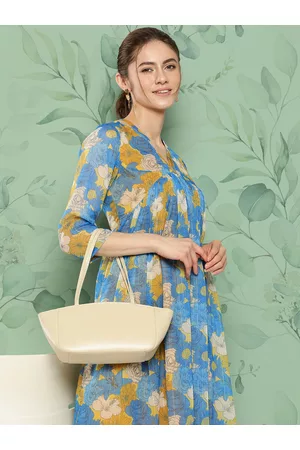 Janasya Floral Printed Gathered Detail Chiffon A-Line Midi Dress