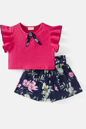 CrayonFlakes Girls Flutter Sleeves Top with Floral Shorts Clothing Set