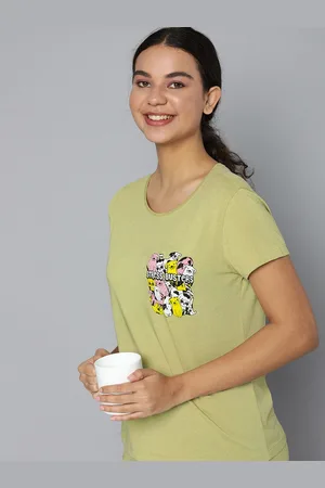 HERE&NOW Women Olive Green & Pink Graphic Printed T-shirt