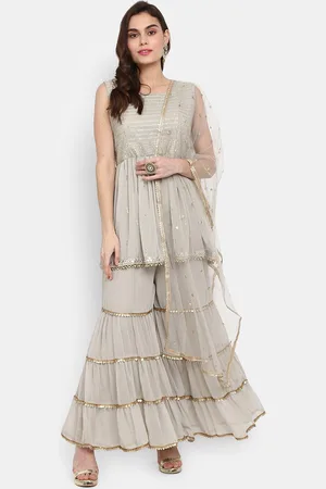 Desi Mix Women Grey Printed Tiered Sequinned Kurti with Sharara & With Dupatta