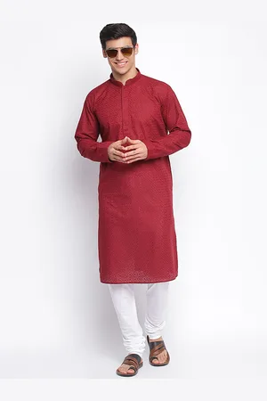 Sanwara Men Maroon Chikankari Patterned Cotton Kurta with Churidar