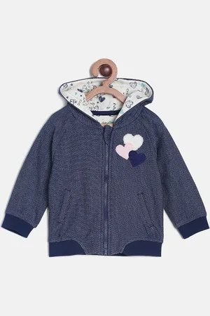 MINI KLUB Girls Navy Blue Self Design Hooded Sweatshirt