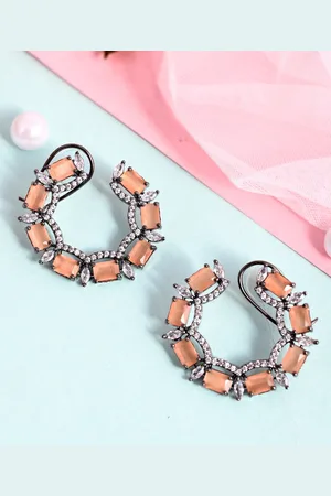 AQUASTREET Zircon Stone Studded Rhodium-Plated Geometric Half Hoop Earrings