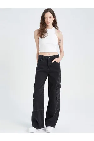 DeFacto Women Mid Rise Cargo Relaxed Fit Pure Cotton Jeans