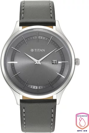 Titan Men Gunmetal-Toned Dial & Green Leather Straps Analogue Watch 90142SL01