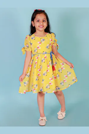 LIL DRAMA Girls Floral Printed Puff Sleeves Fit and Flare Dress