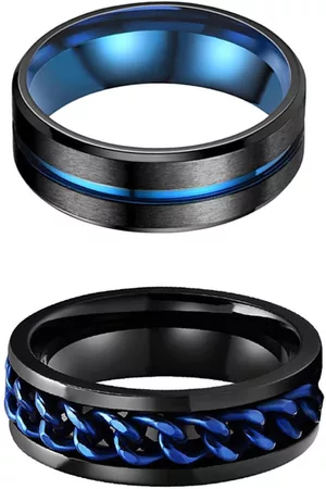 Yellow Chimes Men Set Of 2 Blue & Black Stainless Steel Band Finger Rings
