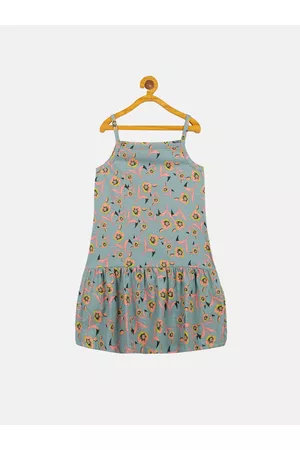 KiddoPanti Girls Floral Printed Shoulder Straps Fit & Flare Cotton Dress