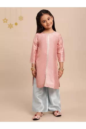 Ahalyaa Girls Pink & Blue Ethnic Motifs Printed Gotta Patti Kurta with Palazzos