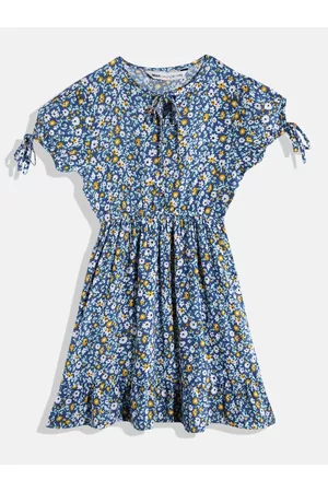 M&H Girls Floral Print Tie-Up Neck Dress