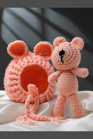 Babymoon Infants Set of 2 Crochet Bear Cap & Teddy Photoshoot Props