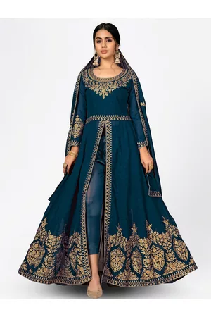 Divine International Trading Co Turquoise Blue & Gold-Toned Embroidered Semi-Stitched Dress Material