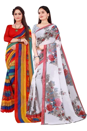 Florence Saree Pack of 2 Red & White Floral Pure Georgette Saree