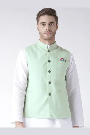 Hangup Men Green Solid Linen Nehru Jacket