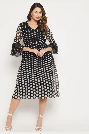 Bitterlime Polka Dots Printed Tie-Up Detail Belted Georgette A-Line Midi Dress