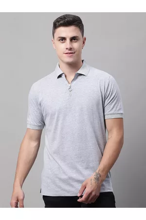 DOOR74 Men Grey Melange Polo Collar T-shirt