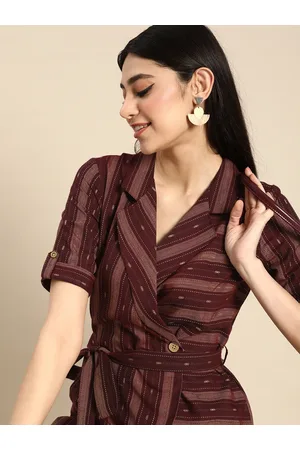 Anouk Lapel Collar Roll-Up Sleeves Striped Belted Fusion Wrap Kurta