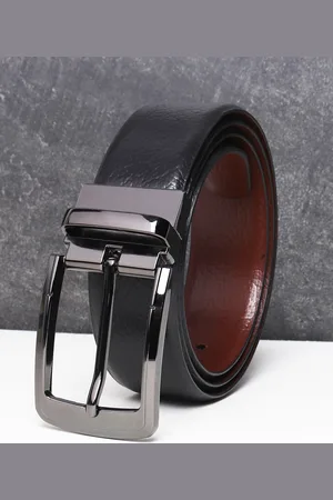 Teakwood Leathers Men Black Textured Reversible Leather Formal Belt