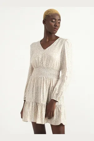 Benetton V-Neck Smocked Puff Sleeves Floral Printed Fit & Flare Dress
