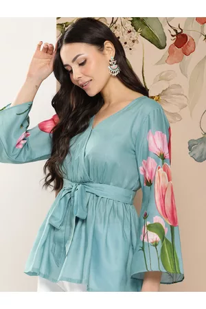 Bhama Couture Floral Print Wrap Flared Sleeves Longline Top