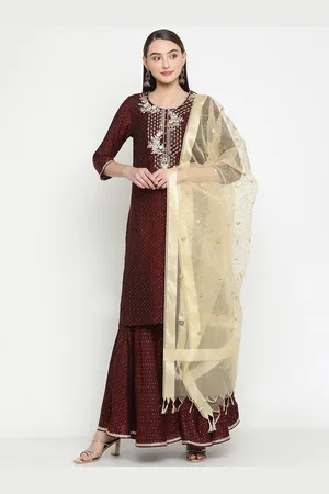 BE INDI Ethnic Motifs Printed Thread Work Kurta with Sharara & Dupatta