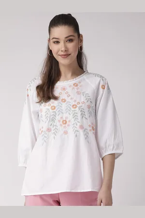 Scouph Women White & Orange Embroidered Pure Cotton Top