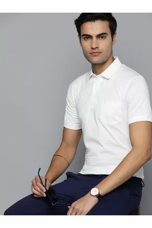 Indian Terrain Men Self-Striped Polo Collar Pure Cotton T-shirt