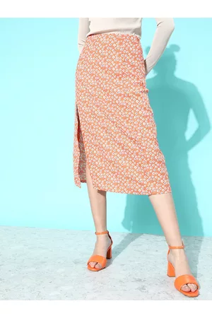 Mast & Harbour Women Bright Orange Floral Printed Straight Skirt