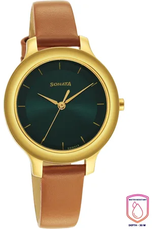 Sonata Women Gold-Toned Brass Embellished Dial & Brown Leather Straps Analogue Watch
